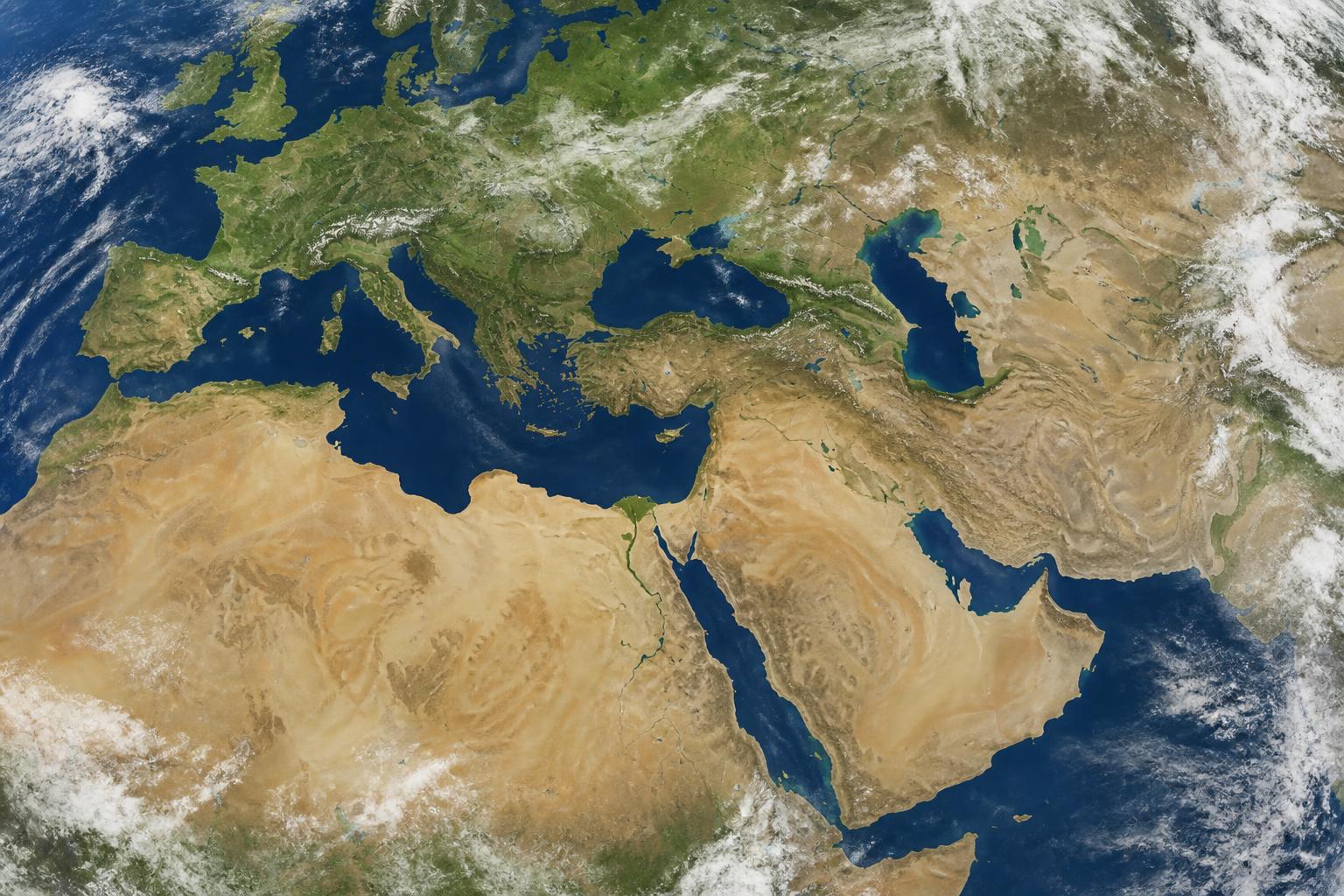 Satellietbeeld van Europa en het Arabisch Schiereiland met de vliegroute
